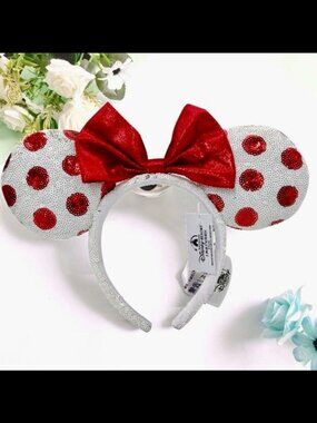 Disney Parks Celebration Minnie Ears White Sequins Red Polka Dots Headband